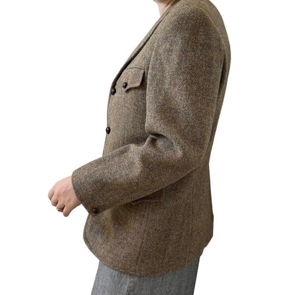 Vintage Harris Tweed Blue Brown Wool Chevron Woven in Scotland Sport Coat Blazer - Picture 7 of 11